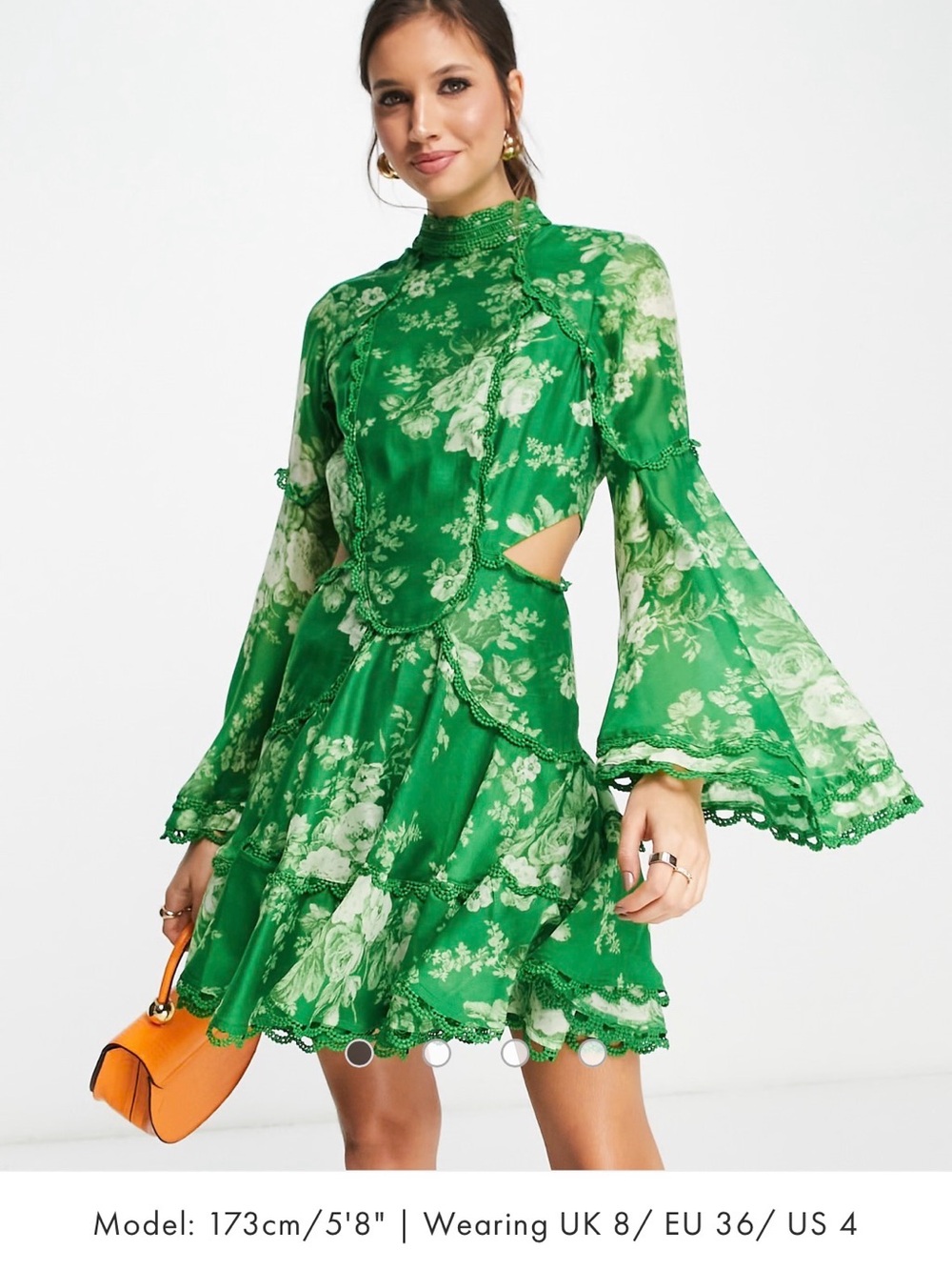 ASOS Green Floral Cutout Bell-Sleeve Mini Dress
